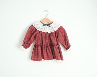 Vintage Red & Green Plaid Baby Girl Dress / Size 18M / Made in Canada
