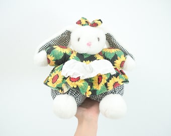 Vintage White Rabbit Bunny Sunflower Gingham Outfits Plush Toy / 12 inch