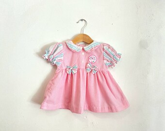 Vintage baby pink ribbon dress / Size 3-6M / retro 80s girl