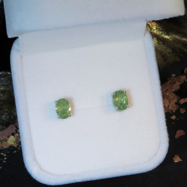 Stunning natural 1.7ct Demantoid Bright Green Garnet 5x7mm oval faceted solid 925 sterling silver studs