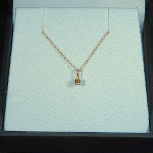May include: A delicate gold chain necklace with a small, clear gemstone pendant.