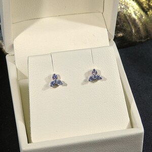 May include: A pair of small stud earrings with a cluster of blue and purple gemstones. The earrings are displayed in an open, off-white jewelry box. The earrings have a delicate, floral-like design.