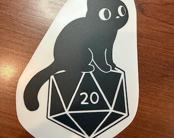 Cat sitting on 20 Sided Dice - Vinyl Sticker/Decal