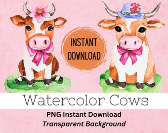 Watercolor Cow Clipart Set - Perfect for Spring and Easter Crafts PNG Transparent Background Easter Clipart Spring Clipart Vintage Style Moo