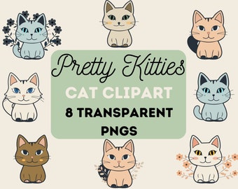 Adorable Cat Clipart Bundle - Set of 8 PNG Images for Digital Crafting and Scrapbooking