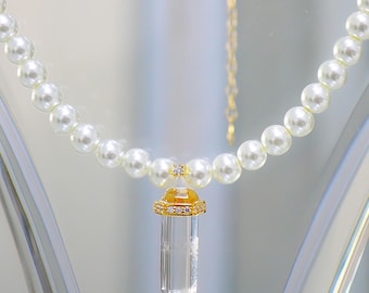 Freshwater Pearl Necklace: Rose Quartz & Clear Quartz, 18k Gold Vermeil