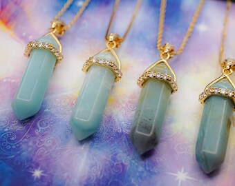 Amazonite Crystal Pendant Necklace: 14k Gold Plated, S925 Sterling Silver