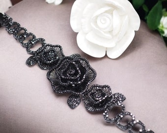 Handmade Black Rhodium Rose Bracelet: Cubic Zirconia Gothic Jewelry