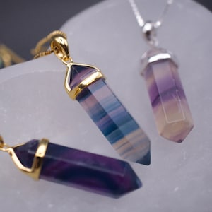 Rainbow Fluorite Crystal Pendant Necklace: 14k Gold Plated, S925 Silver