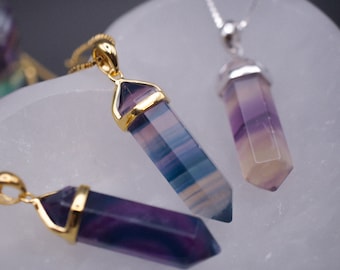Rainbow Fluorite Crystal Pendant Necklace: 14k Gold Plated, S925 Silver