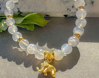 Moonstone Crystal Bracelet: 18K Gold Elephant Charm, 925 Silver Beaded Bracelet