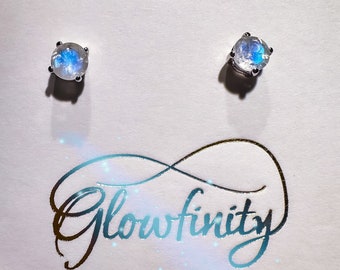 Rainbow Moonstone Stud Earrings: 18k Rose Gold, June Birthstone