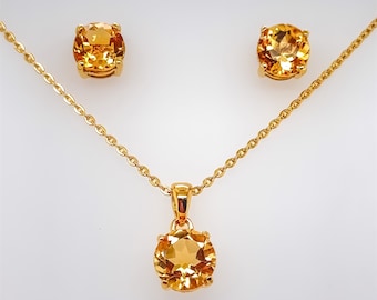 14k Gold Vermeil Citrine Jewelry Set: Sterling Silver Necklace & Earrings