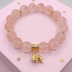 Rose Quartz Crystal Bracelet: Gold Elephant Charm, Empath Protection