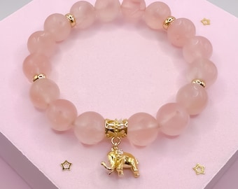 Rose Quartz Crystal Bracelet: Gold Elephant Charm, Empath Protection