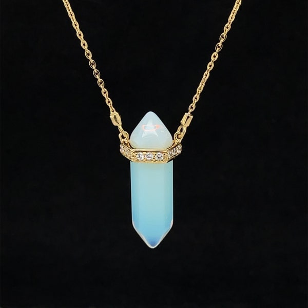 Collier en cristal flottant Opalite | Double terminaison | Or Vermeil 14K | Collier en cristal d'opalite en argent 925 rhodié | Superposition