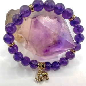 Amethyst Crystal Bracelet: 14k Gold Elephant Charm, Beaded Gemstone