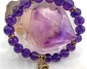 Amethyst Crystal Bracelet: 14k Gold Elephant Charm, Beaded Gemstone