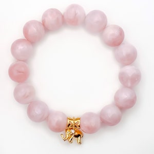 Rose Quartz Beaded Bracelet: 18k Gold Elephant Charm, Handmade