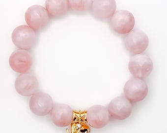 Rose Quartz Beaded Bracelet: 18k Gold Elephant Charm, Handmade