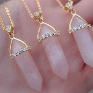 Lovely 14K Gold Vermeil Rose Quartz crystal necklace rose quartz set in 18k rose gold Sterling Silver 925 rose quartz crystal pendant