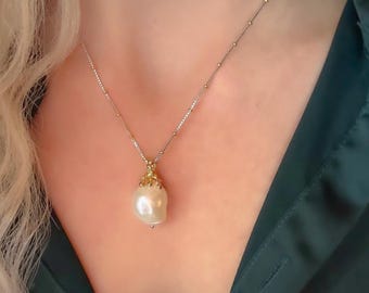 AAA Baroque Pearl Necklace: 14K Gold Vermeil Sterling Silver Chain
