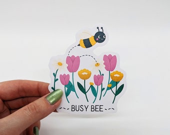 Busy Bee Sticker, Die cut sticker, Bee, Flowers, Paper sticker, ByEmilyClark