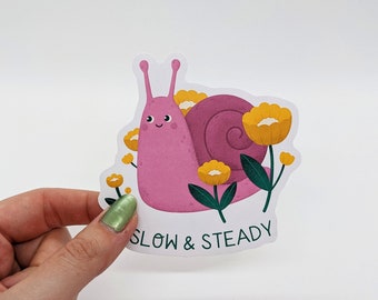 Slow & Steady Snail Sticker, die cut sticker, snail design, flowers, paper sticker, ByEmilyClark
