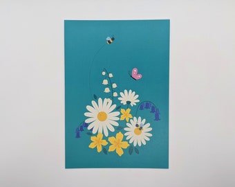 A5/A4 Wildflower Bees and Butterflies Print, Wall Art, Wall Decor, Nature Decor