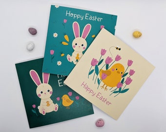 Easter Card Pack of 3- Happy Easter, Greetings Card Multipack, Easter Illustrations, Spring Designs, Printed Message Inside