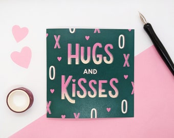 Hugs and Kisses Valentine's Day Card- Happy Valentine's Day, Valentine's Illustration, Occasion Card, Printed Message Inside