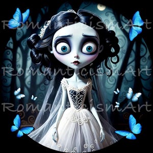 May include: A pale-skinned bride doll with black hair and blue eyes, wearing a white wedding dress with a black lace bodice. The doll is surrounded by blue butterflies in a dark forest setting.