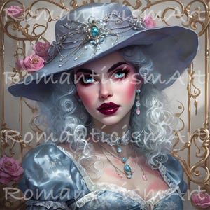 May include: A woman with white hair and blue eyes wears a light blue hat with a pearl and gemstone trim. She is wearing a light blue dress with a lace trim and a silver necklace with blue gemstones.