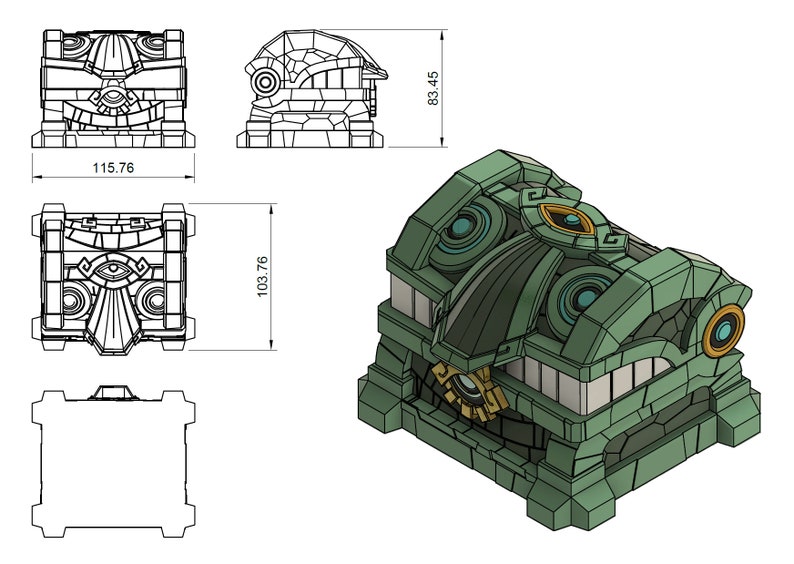 May include: A green, stone-like treasure chest with intricate details and a golden eye design. The chest is 115.76 inches wide, 103.76 inches tall, and 83.45 inches deep.