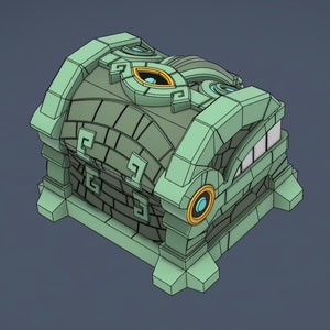 May include: A green stone treasure chest with intricate carvings and gold accents. The chest has a large eye design on the top and a smaller eye design on the side.