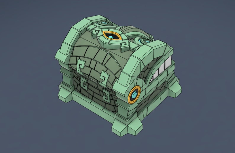 May include: A green stone treasure chest with intricate carvings and gold accents. The chest has a large eye design on the top and a smaller eye design on the side.