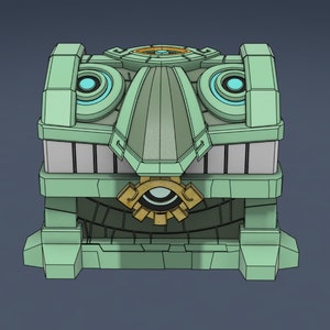 May include: A green treasure chest with a gold design and a blue eye symbol. The chest has a detailed, intricate design.