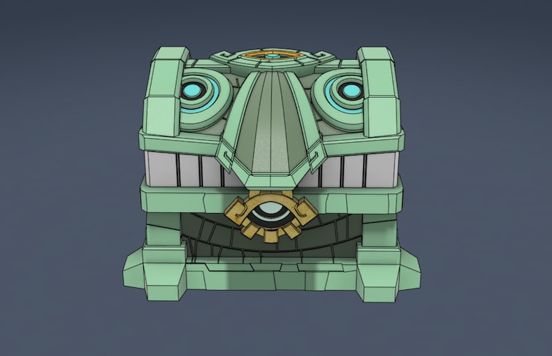 May include: A green treasure chest with a gold design and a blue eye symbol. The chest has a detailed, intricate design.