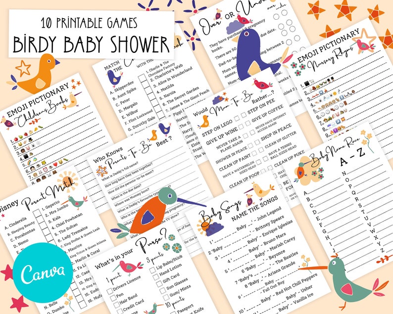 Fall Bird Baby Shower Games | Bundle of 10 Printables | Editable on Canva 