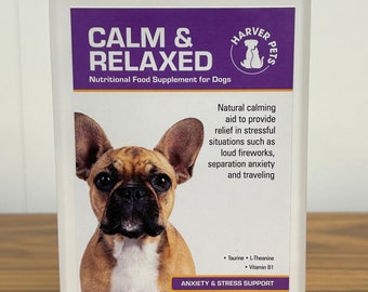 Calm & Relaxed Supplement for dogs, 120s. Calming relief for anxiety and stressful situations, help to soothe and promote a relaxed mood.