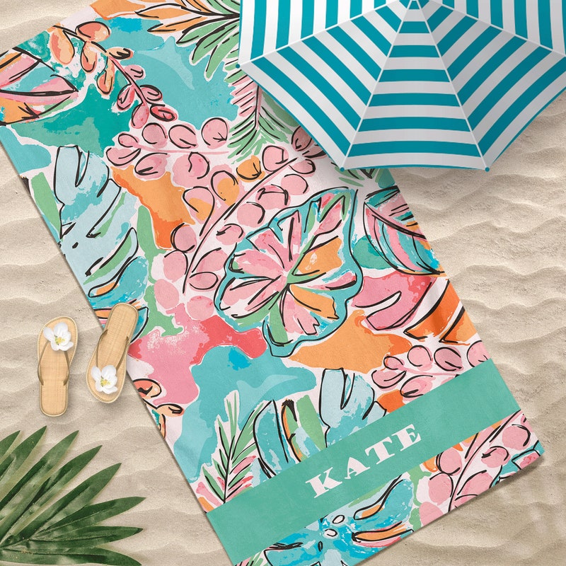 🍹BUY 2 FREE SHIPPING🍹 Summer Floral Personalized Name Gift Beach Towel, Customized gift Towel
