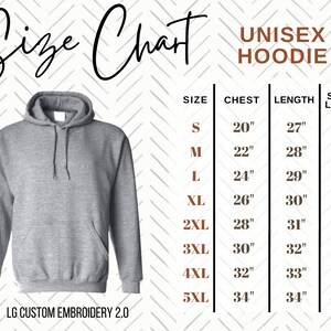 May include: Unisex hoodie size chart with measurements in inches for chest, length, and sleeve length. Sizes range from S to 5XL.