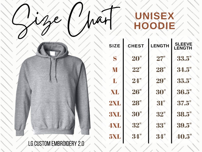 May include: Unisex hoodie size chart with measurements in inches for chest, length, and sleeve length. Sizes range from S to 5XL.