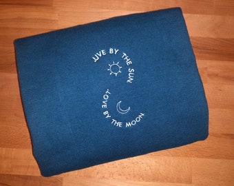 Moon and Sun Embroidered Sweater| Live by the sun embroidery| Crewneck| Moon Embroidery| Embroidery t-shirt| Embroidered| Gift