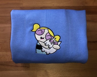 Bubbles Embroidered Sweater| Powerpuff girls T-shirt| Bubbles & Cat Crewneck| Bubbles Crewneck|Embroidery t-shirt| Embroidered| Gift