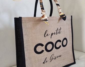 Sac en jute personnalisé-Scintillant/Bicolore/Gris/Avec poche en coton-Option foulard- Cadeau personnalisé- Maman Mamie Marraine Maitresse