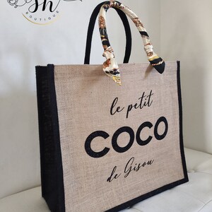 Sac en jute personnalisé-Scintillant/Bicolore/Gris/Avec poche en coton-Option foulard Cadeau personnalisé Maman Mamie Marraine Maitresse Bicolore Taille L