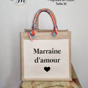 Sac en jute personnalisé-Scintillant/Bicolore/Gris/Avec poche en coton-Option foulard Cadeau personnalisé Maman Mamie Marraine Maitresse Poche Taille M