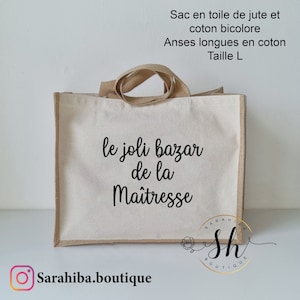 Sac en jute personnalisé-Scintillant/Bicolore/Gris/Avec poche en coton-Option foulard Cadeau personnalisé Maman Mamie Marraine Maitresse Cabas Taille L