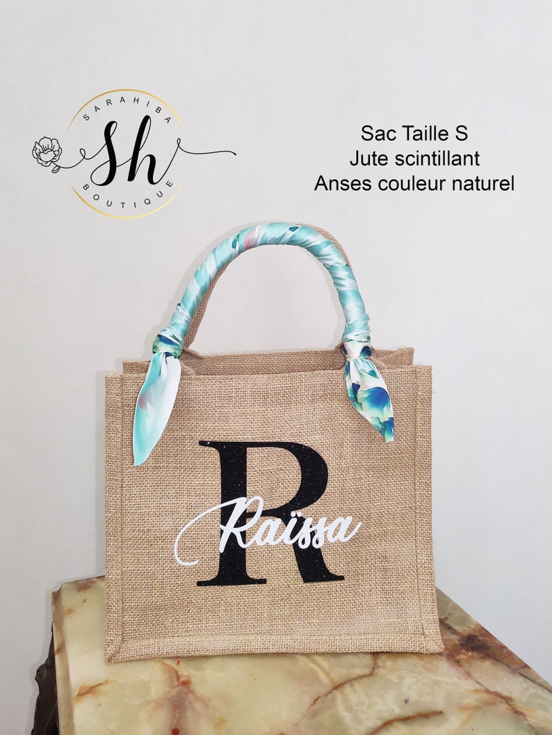 Sac en jute personnalisé-Scintillant/Bicolore/Gris/Avec poche en coton-Option foulard Cadeau personnalisé Maman Mamie Marraine Maitresse Scintillant Taille S